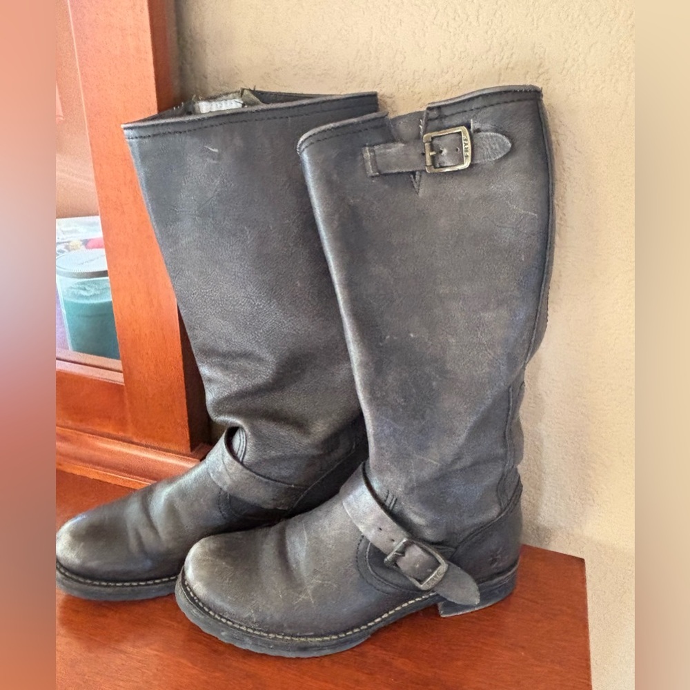 Frye Black Leather Mid-Calf Buckle Heeled Boots